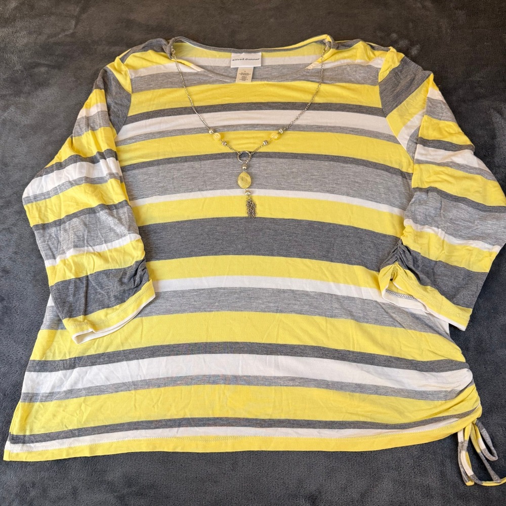 Alfred Dunner Striped Top w/ Necklace Yellow Gray‎ White Rayon Womens Large